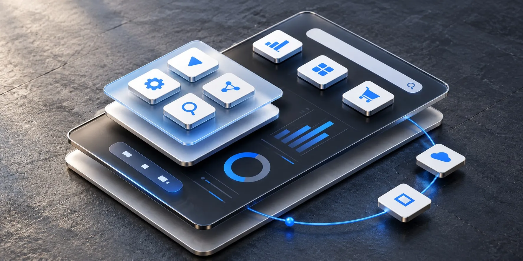 Angled layers of a software platform with application components, analytics and connected cloud services on a slate surface