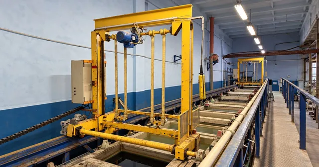 Yellow gantry cranes above a galvanization tank line, with blue rails and a raised metal walkway