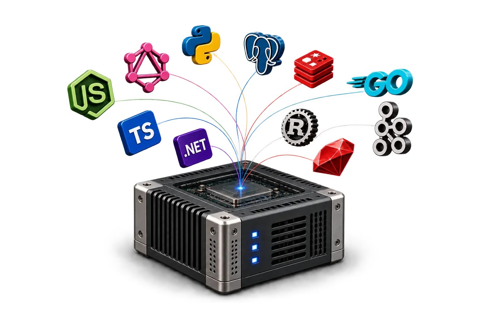 Backend technology logos connected to a central computation unit