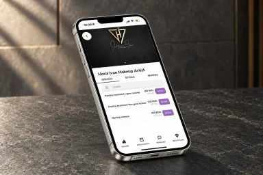 Phone on a stone surface showing a makeup artist’s services and prices in the BeautyLink app