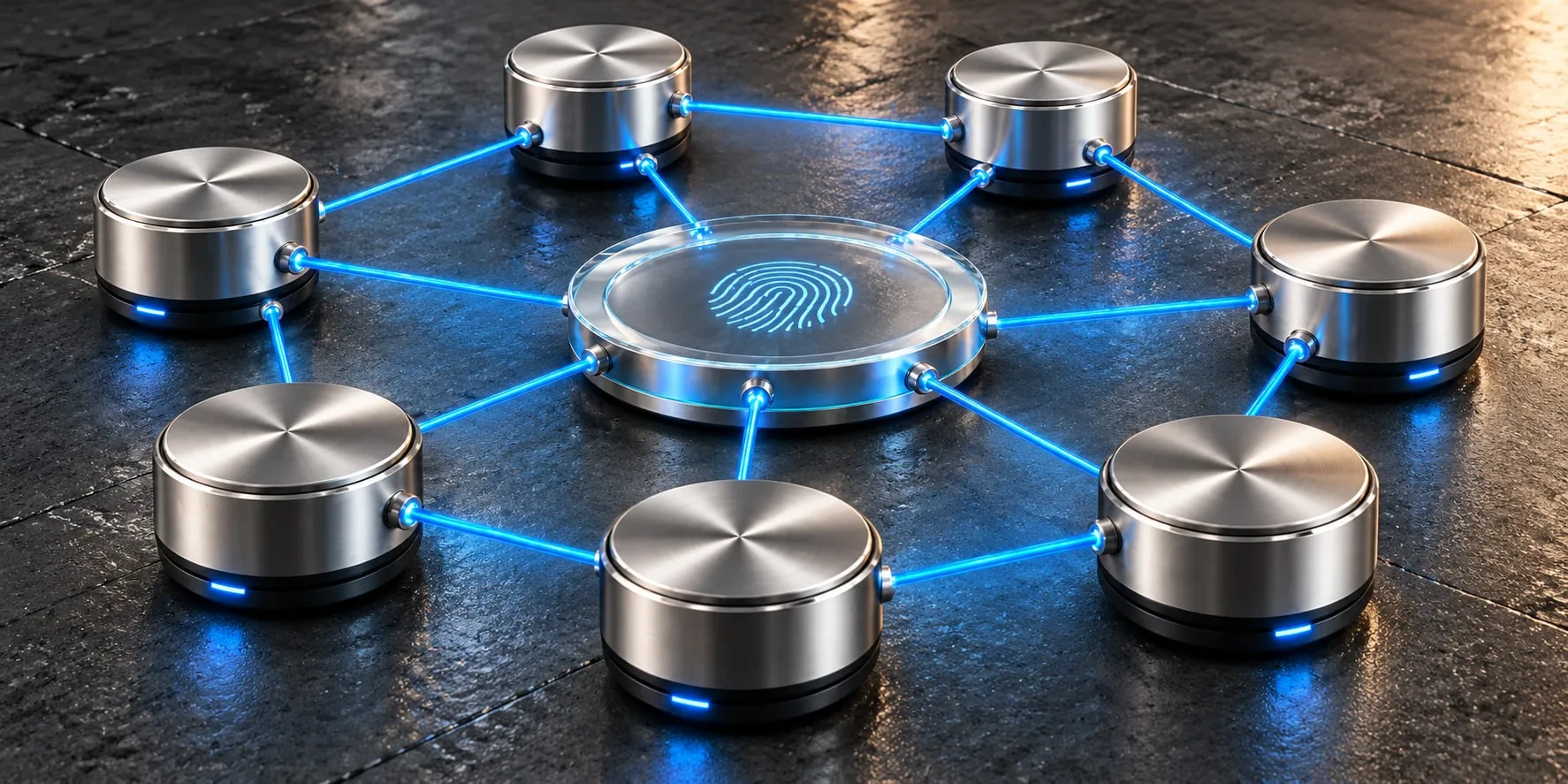 Seven brushed-metal network nodes linked to a central glass hub with a fingerprint symbol on a slate surface