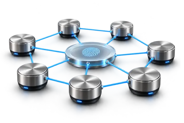 Connected metal network nodes around a glass verification hub