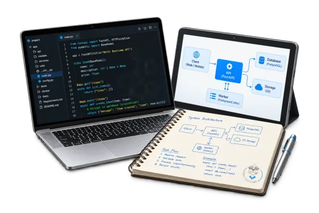 Laptop with code, software architecture diagram and engineering notebook with a discreet Nerds Bootcamp logo