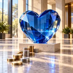 Blue crystal heart beside stacked coins in a bright marble lobby