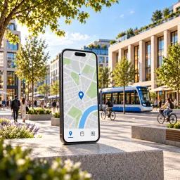 Phone with a city map app in a sunlit square with a tram and modern buildings