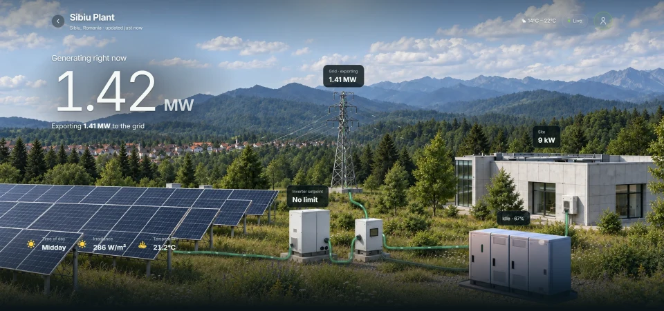 Inowattio meadow dashboard showing solar generation, site consumption, grid export and battery status