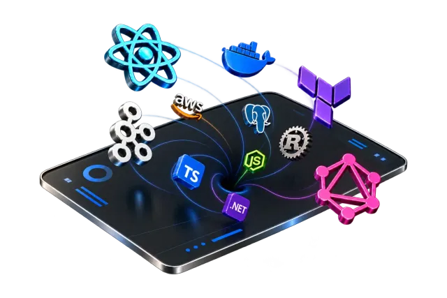 Technology logos spiraling into an angled software platform, including React, Terraform, Kafka, GraphQL, TypeScript, Node.js, Docker, AWS, PostgreSQL, Rust and .NET