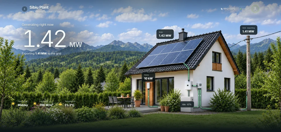 Inowattio cottage dashboard with rooftop solar, battery storage and household energy flows