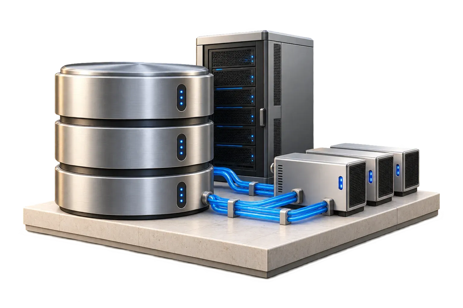 Layered database storage connected to server and processing modules