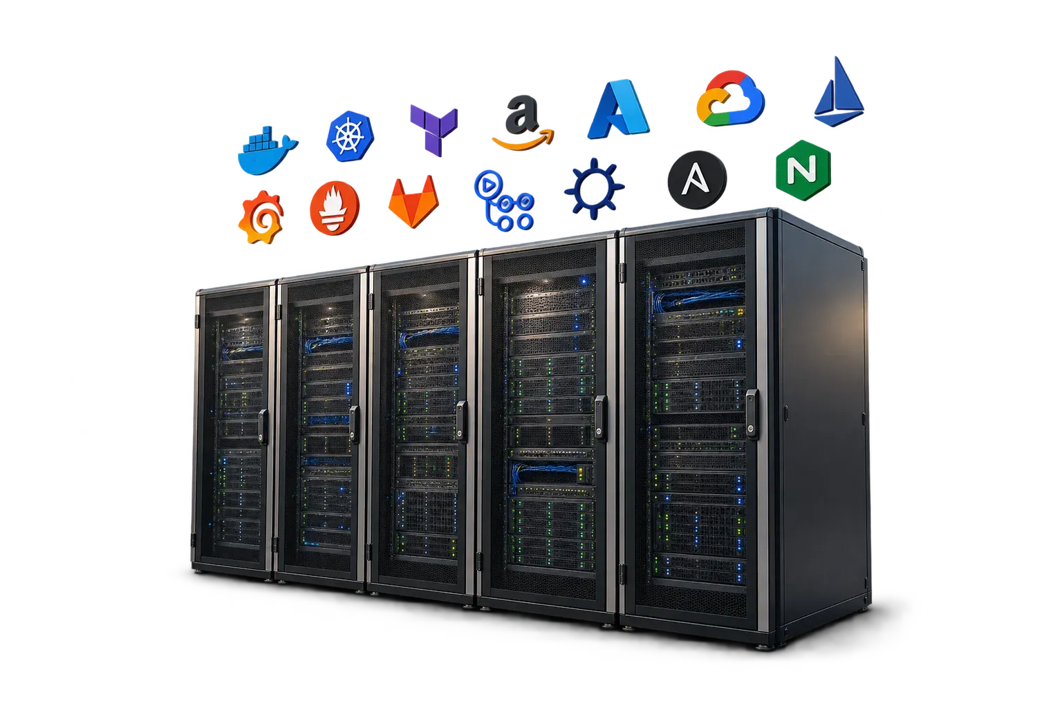 Server racks with cloud infrastructure and DevOps technology logos above them