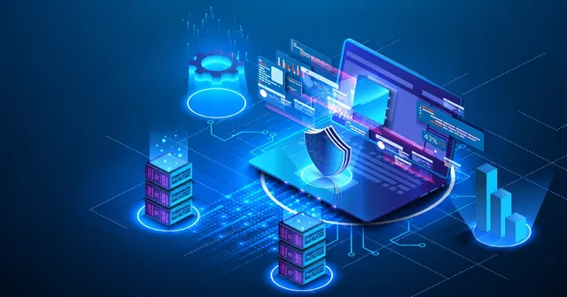 Blue technology illustration with a laptop, layered interface panels, security shield, server stacks and connected automation symbols