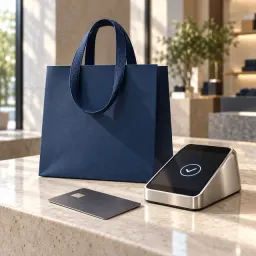 Navy shopping bag with a payment card and contactless terminal on a stone counter