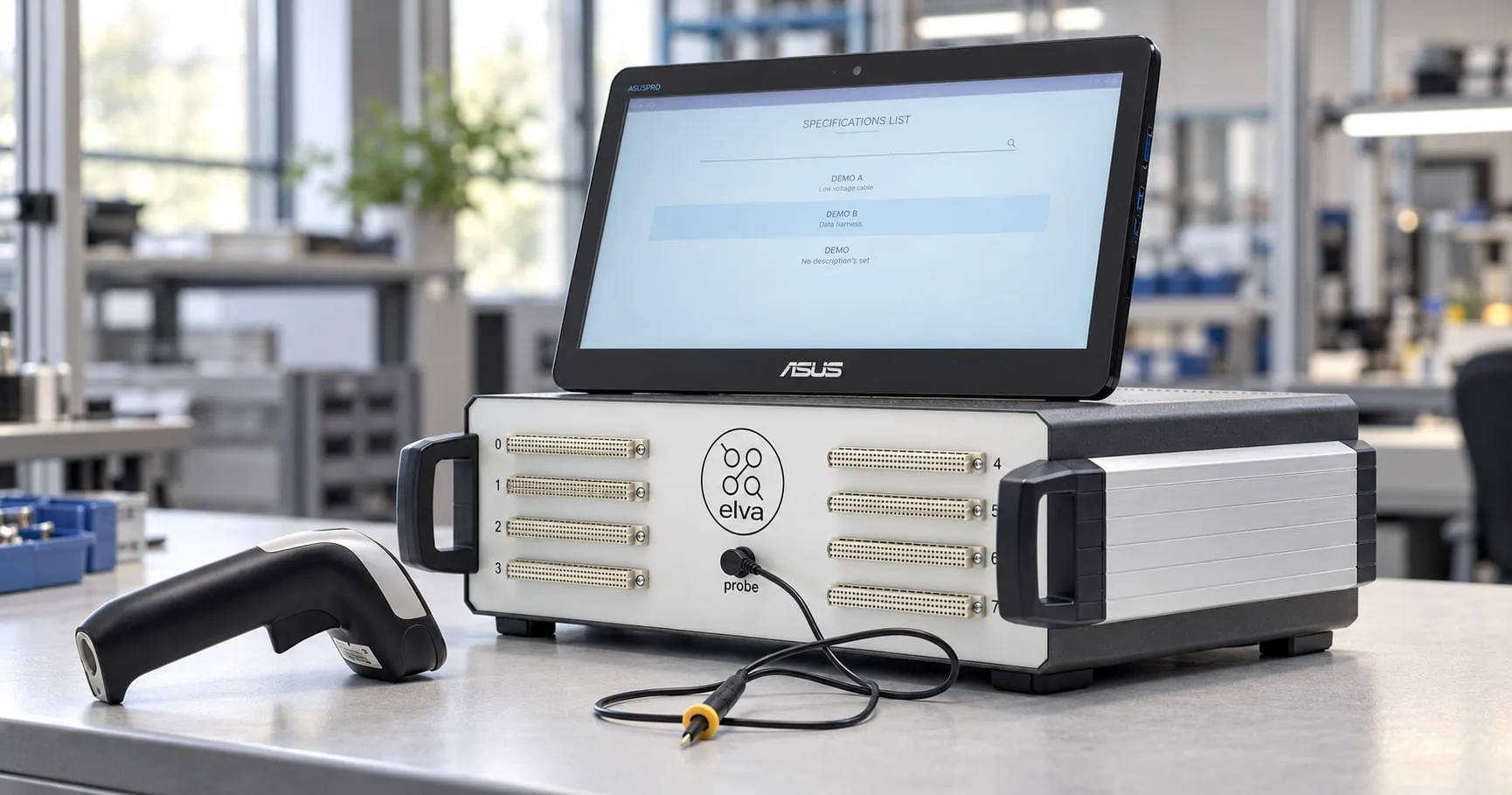 ELVA cable tester with eight connector rows, ASUS touchscreen, barcode scanner and probe on an inspection workbench