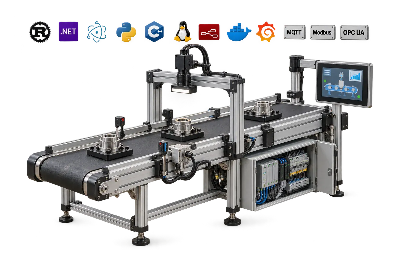 Assembly-line segment with sensors, an inspection camera, controller and operator screen