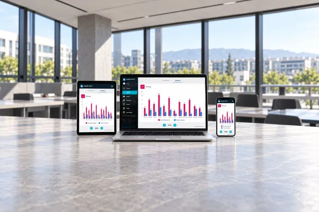 Laptop, tablet and phone on a desk showing Expert RSVTI authorization charts in a bright office