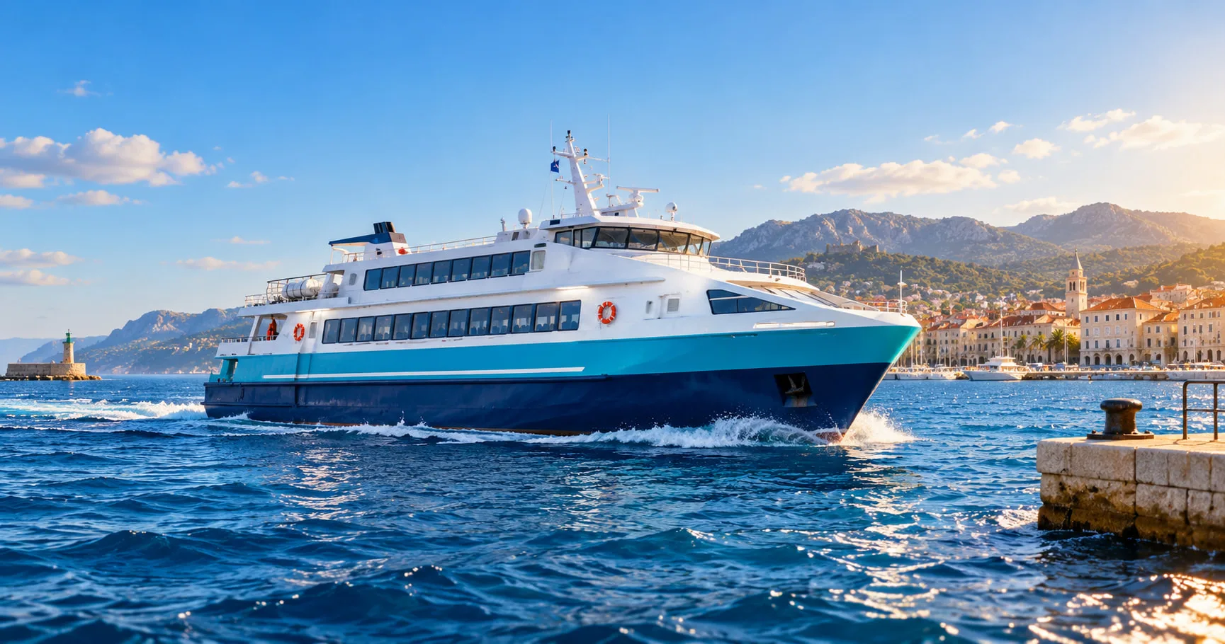 Blue and white passenger ferry approaching a sunlit coastal harbor — illustrative scene