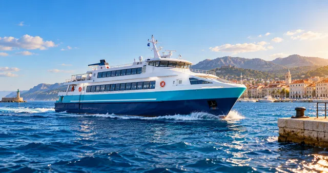 Blue and white passenger ferry approaching a sunlit coastal harbor