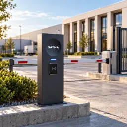 Gatha access terminal with a card reader at a gated industrial parking entrance