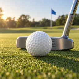 Golf ball and putter on a sunlit green with a blue flag in the distance
