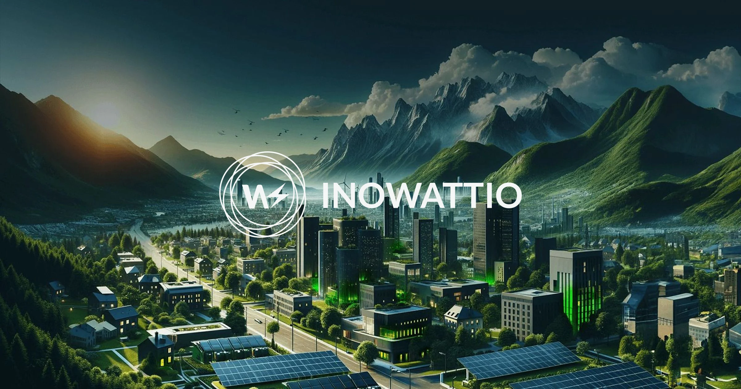 Inowattio logo above a valley town with solar rooftops and mountains at dusk