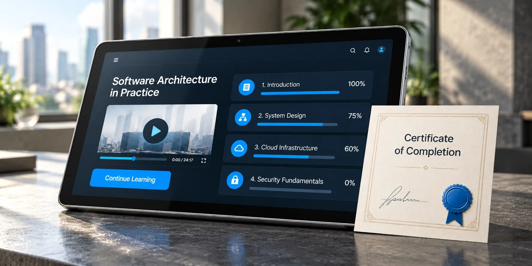 Backward-tilted tablet displaying course progress beside an unframed certificate of completion on a desk