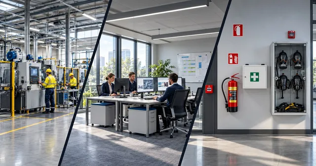 Three scenes showing a manufacturing workplace, an office training area, and an emergency safety equipment station