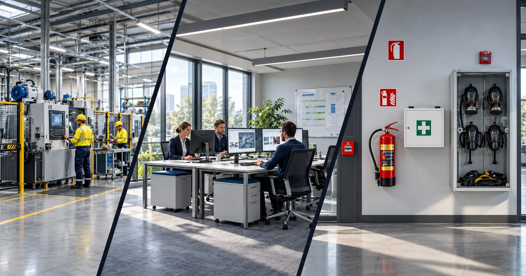 Illustrative scenes of a manufacturing workplace, an office training area and emergency safety equipment