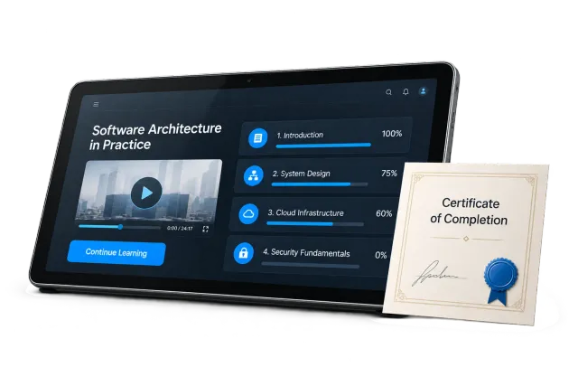Tablet displaying online courses and learning progress beside a certificate of completion
