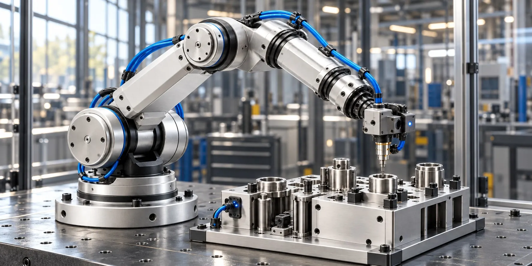 Silver industrial robot with blue cabling working over a precision metal fixture in a manufacturing cell