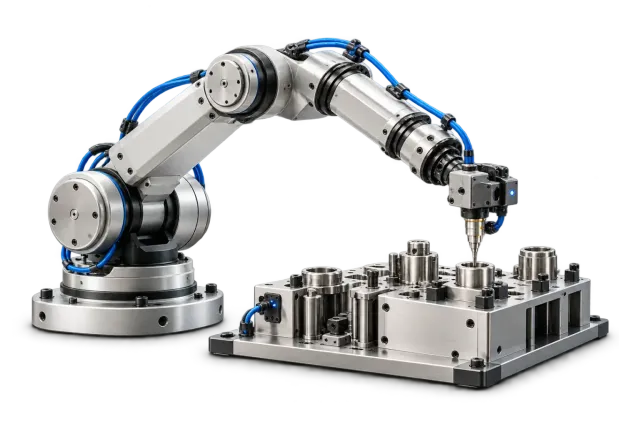 Industrial robotic arm inspecting components in a precision testing fixture