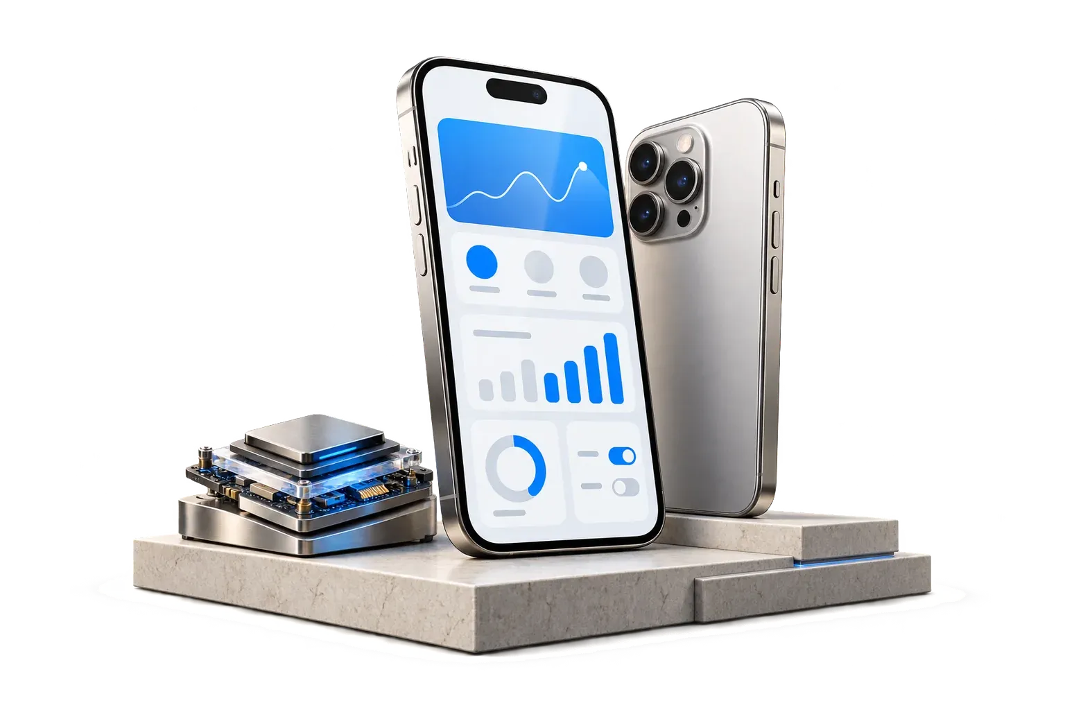 Two mobile phones and a compact circuit module on a stone base
