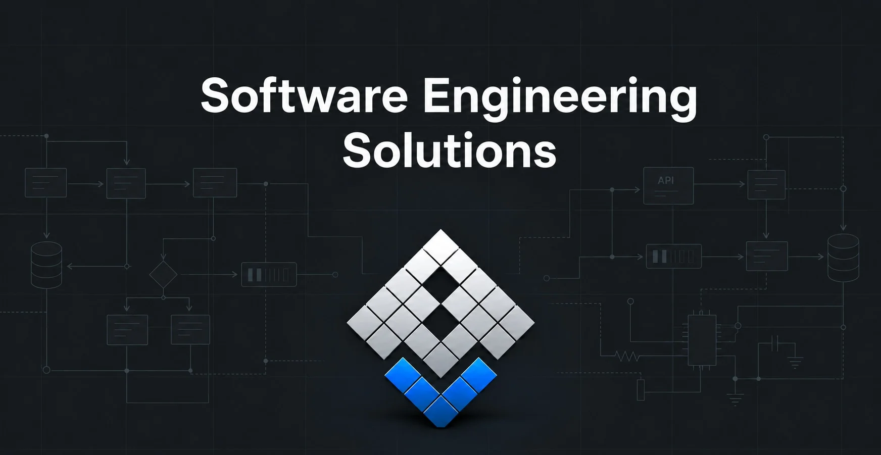 Software Engineering Solutions — silver and blue Nerds symbol with subtle software and electronics schematics