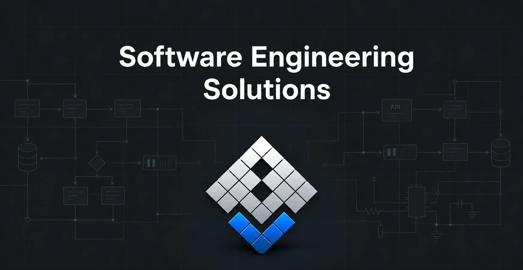Software Engineering Solutions — silver and blue Nerds mosaic logo with subtle software and electronics schematics