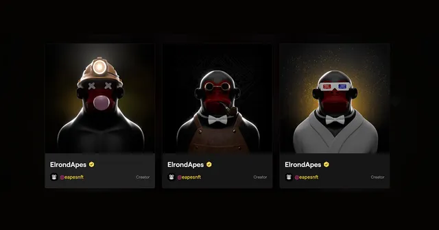 Three ElrondApes collectible characters listed on a dark NFT marketplace grid