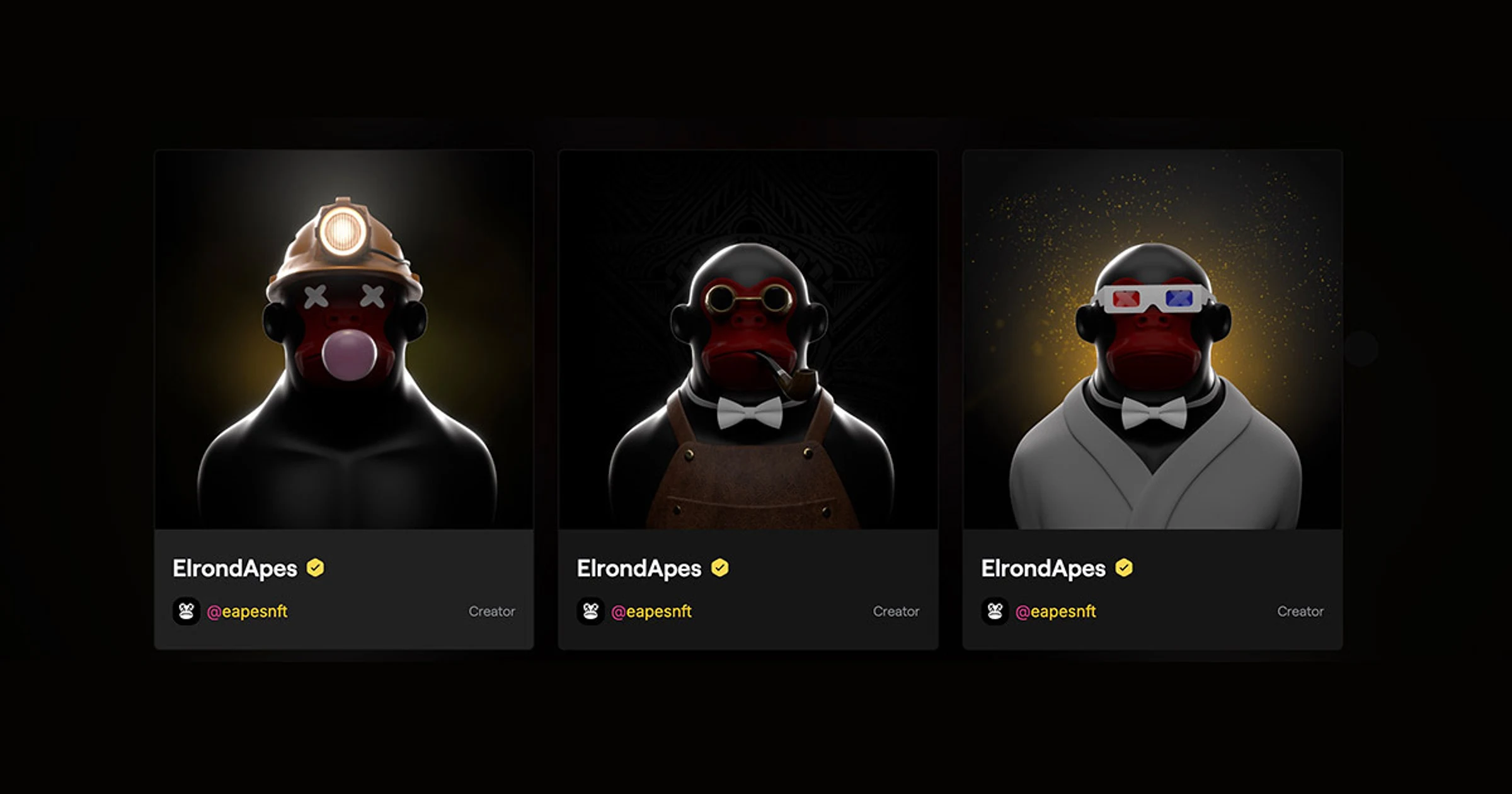Three ElrondApes collectible characters listed on a dark NFT marketplace grid
