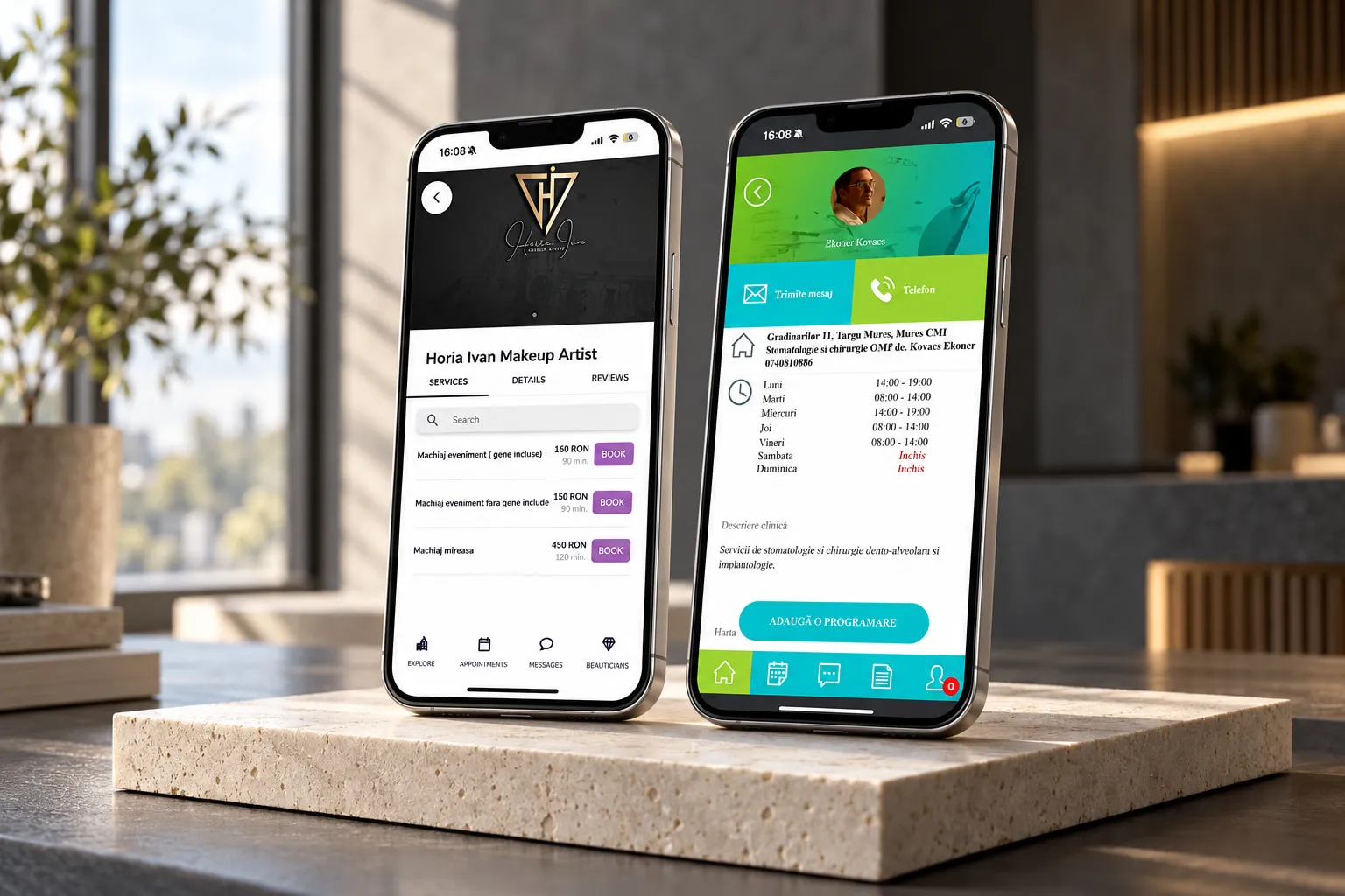 BeautyLink salon booking and StomaLink dental appointment apps on two phones, built on the shared OLink platform