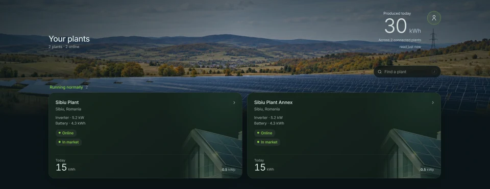 Inowattio plant list showing two normally running installations with anonymized names and readings