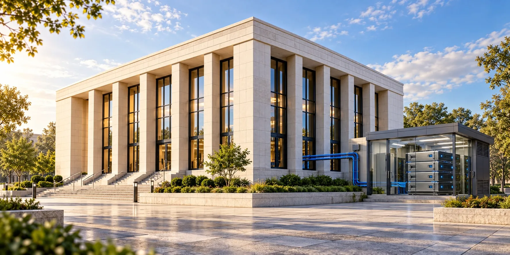 Contemporary stone and glass civic building connected to servers in a glazed enclosure on a sunlit public plaza