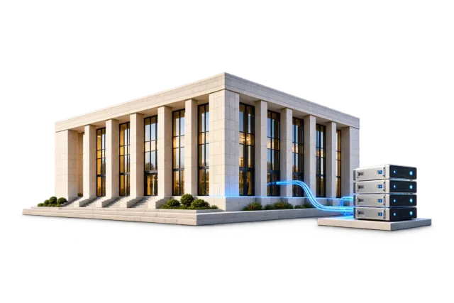 Contemporary public institution building connected to secure server infrastructure
