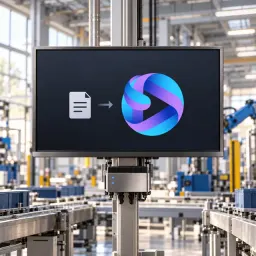 Factory-floor monitor showing a document converting into the cyan, blue and purple media ribbon logo