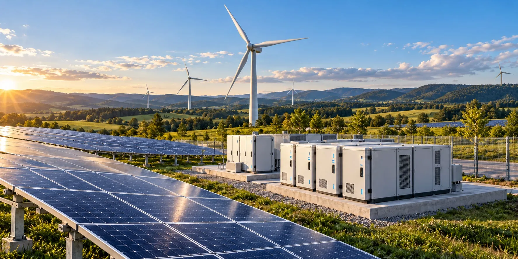 Solar panels, wind turbines and battery storage across a renewable energy installation in warm evening light