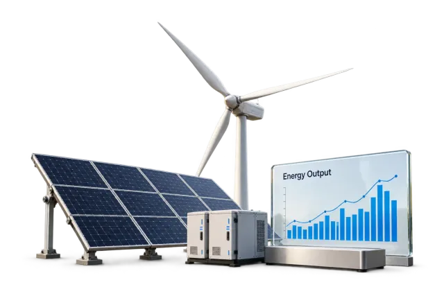 Solar panels, a wind turbine and battery storage connected to an energy monitoring display