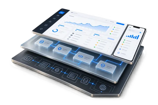 Layered software application showing web and mobile interfaces above connected APIs and system architecture
