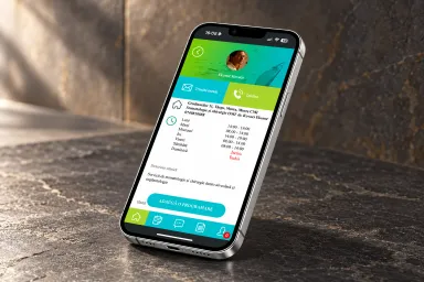 Phone on a stone surface showing the StomaLink dental clinic app with contact details and opening hours