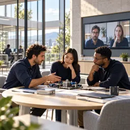 Three people discussing at a table while remote colleagues join on a wall screen