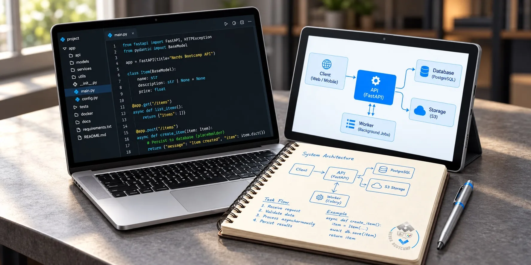 Laptop with code, tablet with a software architecture diagram and a spiral notebook bearing a subtle Nerds Bootcamp logo