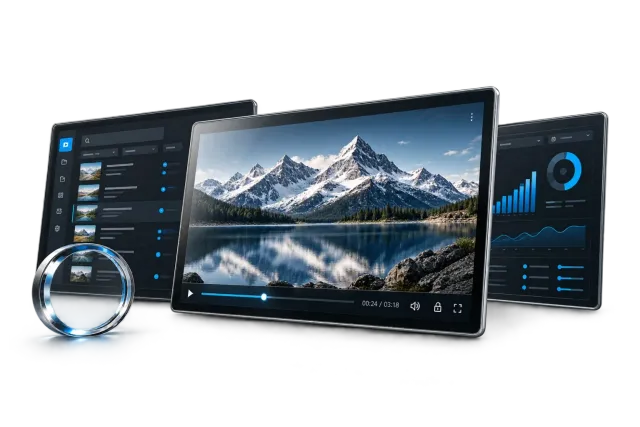 A video player with mountain scenery, content library and streaming analytics