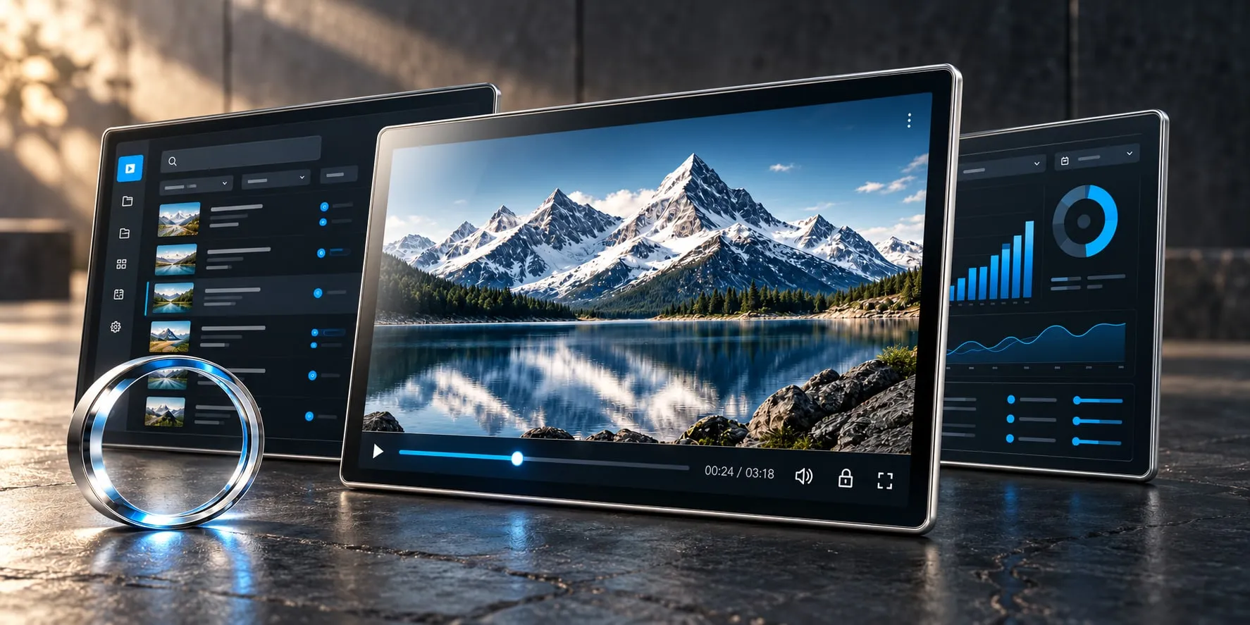 Three angled video-platform panels showing a mountain-lake player, content library and streaming analytics beside a silver ring