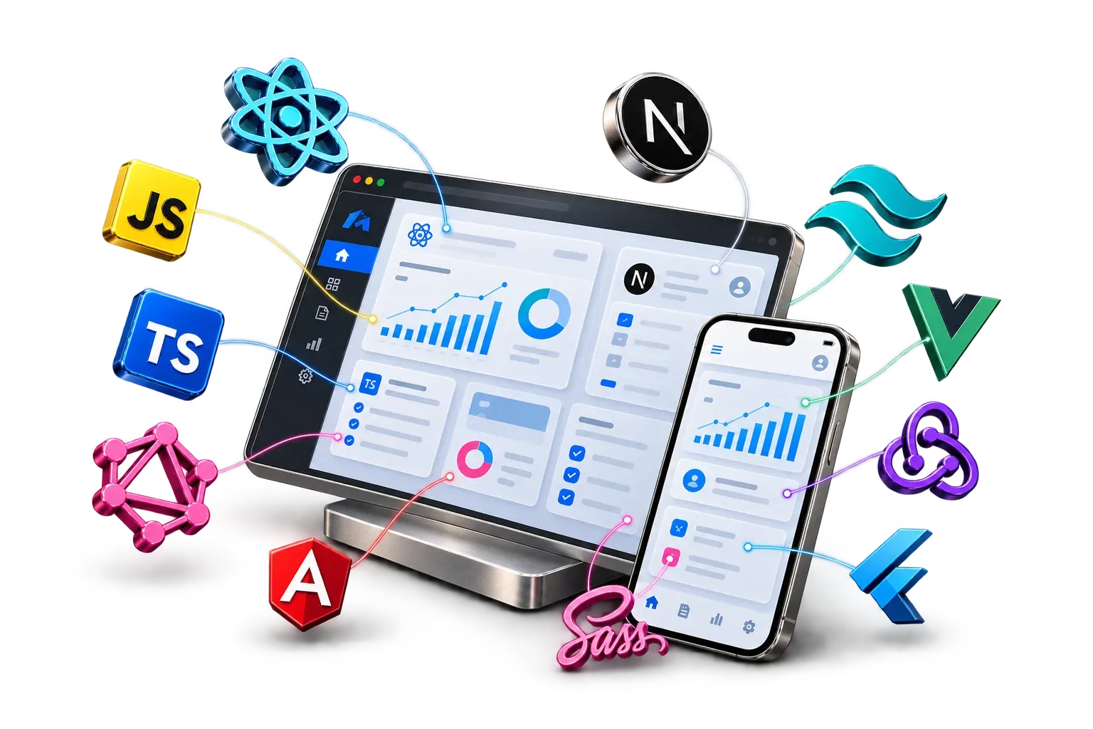 Web interface and phone connected to web and mobile technology logos